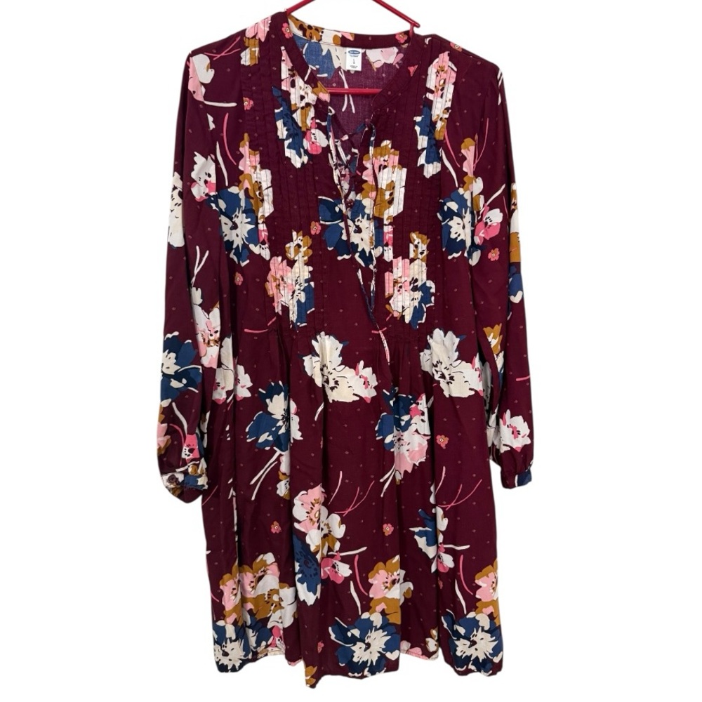 Old Navy Floral Boho Dress Large Burgundy Lace Up Long Sleeve Peasant Mini Dress - Picture 2 of 7